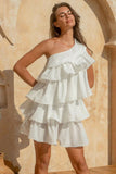 One Shoulder Sleeveless Layered Ruffle Mini Dresses-White Pre Order