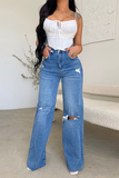 Denim Frayed Ripped Straight Leg Jeans-Blue