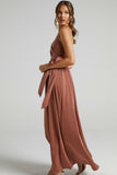 V Neck Knotted Split Gown Slip Maxi Dresses