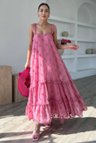 3D Flower Decor Loose Fit A-Line Ruffled Trim Maxi Slip Dresses-Pink