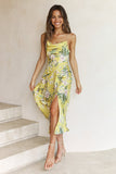 Vacation Cami Boat Neck Floral Print Slit Satin Vacation Midi Dress