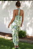 Floral Print Halter Backless Flowy Vacation Maxi Dresses