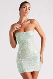 Boat Neck Bodycon Open Back Sequin Pattern Party Mini Slip Dresses-Green