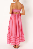 Boat Neck Spaghetti Strap A-Line Backless Striped Print Maxi Dresses-Pink