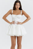 A-line White Boat Neck Tied Up Cami Backless Lace Up Pleated Embroidery Hem Mini Dresses