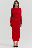 Pit Knit Long Sleeve Ribbon Back Crop Top Solid Midi Skirt Matching Set-Red