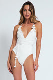 3D Flower Decor Deep V Neck Tie Up One-Piece Swimsuit-White