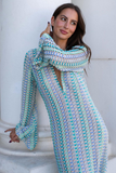 Crochet Abstract Striped Pattern Deep V Neck Flare Sleeve Slit Maxi Dresses-Green