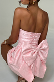 Jacquard Boat Neck A-Line Puffy Hem Back Bow Cocktail Party Mini Dresses-Pink