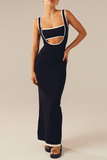 Knit Colorblock Trim Square Neck Cutout Slim Fit Backless Slip Maxi Dresses-Black