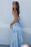 Floral Print Square Neck Straps Back Ribbon Cut Out Tiered Wedding Guest Maxi Dresses-Blue