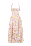 Sleeveless Halter Floral Print Corset A-Line Garden Party Midi Dresses-Pink