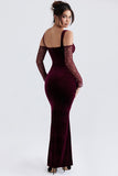 Cold Shoulder Lace Sleeve Bodycon Velvet Formal Party Maxi Dresses