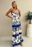 Vacation Mixed Prints Colorblock Striped A-Line Maxi Strappy Dresses-Red