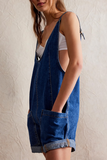 Deep V Neck Wide Straps Pockets Loose Fit Denim Casual Playsuit Romper-Blue