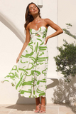 Doodle Print Sweetheart Neckline Ruched Strapless A-Line Vacation Midi Dresses-Green