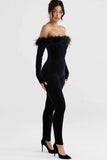 Off Shoulder Feather Trim Long Sleeve Velvet Jumpsuit