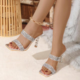 Rhinestone Embellished Square Toe Double Straps Slides Stacked Stiletto Heels