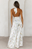 Floral Print Deep V Neck Halter Wide Leg Backless Jumpsuit-White