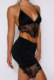 V Neck Backless Lace Halter Top High Low Hem Mini Skirt Matching Set