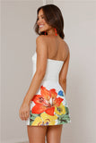 Boat Neck Strapless Slim Fit Floral Print Mini Dresses-White