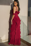 Dropped Shoulder Slim Fit Ruffled Slip Maxi Dresses-Red