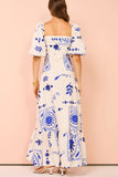 Square Neck Puff Sleeve Quilted Hem Boho Print Vacation Maxi Dresses-Blue