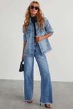 Denim Wide Leg Raw Edge Hemline Pocket Jeans-Blue