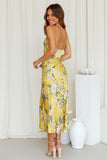 Vacation Cami Boat Neck Floral Print Slit Satin Vacation Midi Dress