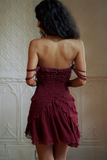 Ruffled Trim Dropped Shoulder A-Line Mini Dresses-Burgundy