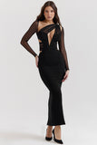 Irregular Cutout Long Sleeve Slim Fit Mesh Maxi Dresses-Black