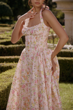 Sleeveless Halter Floral Print Corset A-Line Garden Party Midi Dresses-Pink