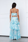 Ruched Sweetheart Neck Sleeveless Crop Top Ruffled Trim Maxi Skirt Pattern Print Matching Set