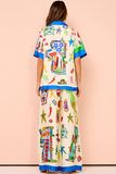 Doodle Print Short Sleeve Blouse Colorblock Wide Leg Pants Matching Set-Beige