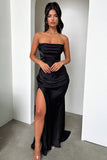 Ruched Strapless Boat Neck Bodycon High Slit Gowns Maxi Dresses