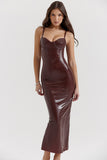 PU Leather Cami Bodycon Cocktail Party Midi Dresses-Brown