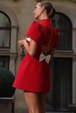 Mock Neck Petal Sleeve Cut Out Bowknot Mini Dresses-Red