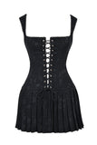 Lace-Up Corset Sleeveless Pleated Jacquard Mini Dress-Black