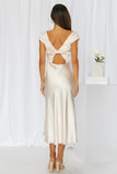 Satin Boat Neck Short Sleeve Backless Twisted Slit Flowy Bridesmaid Midi Dress