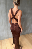 Sleeveless Cowl Neckline Ruched Backless Maxi Dresses-Brown Pre Order