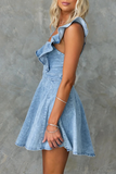 Ruffled Straps A-Line Denim Mini Dresses-Blue