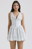 Ditsy Floral Print Deep V Neck Cinch Waist Mini Tank Dresses-Blue