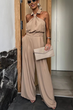 Sleeveless Turndown Collar Wide Leg Plain Jumpsuit-Khaki