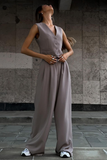 V Neck Waistcoat Plain Wide Leg Pants Matching Set-SlateGray