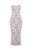 Floral Embroidery Bodycon Spaghetti Strap Maxi Dresses-White