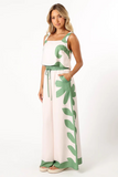 Floral Print Thick Straps Crop Top Wide Leg Pants Matching Set-Green