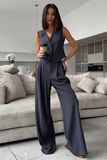 V Neck Waistcoat Plain Wide Leg Pants Matching Set-SlateGray