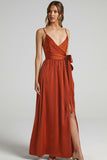 V Neck Knotted Split Gown Slip Maxi Dresses