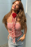 3D Flower Decor Halter Ruffled Neck Wrap Striped Sleeveless Crop Top-Red