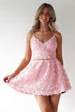 3D Flower Decor V Neck Crop Cami Mini Skirt Matching Set-Pink